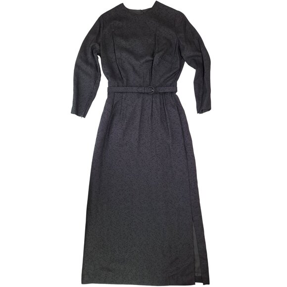 Vintage Black Dress Textured Long Sleeve Belt Handmade Goth Size Large Mourning - Picture 3 of 15